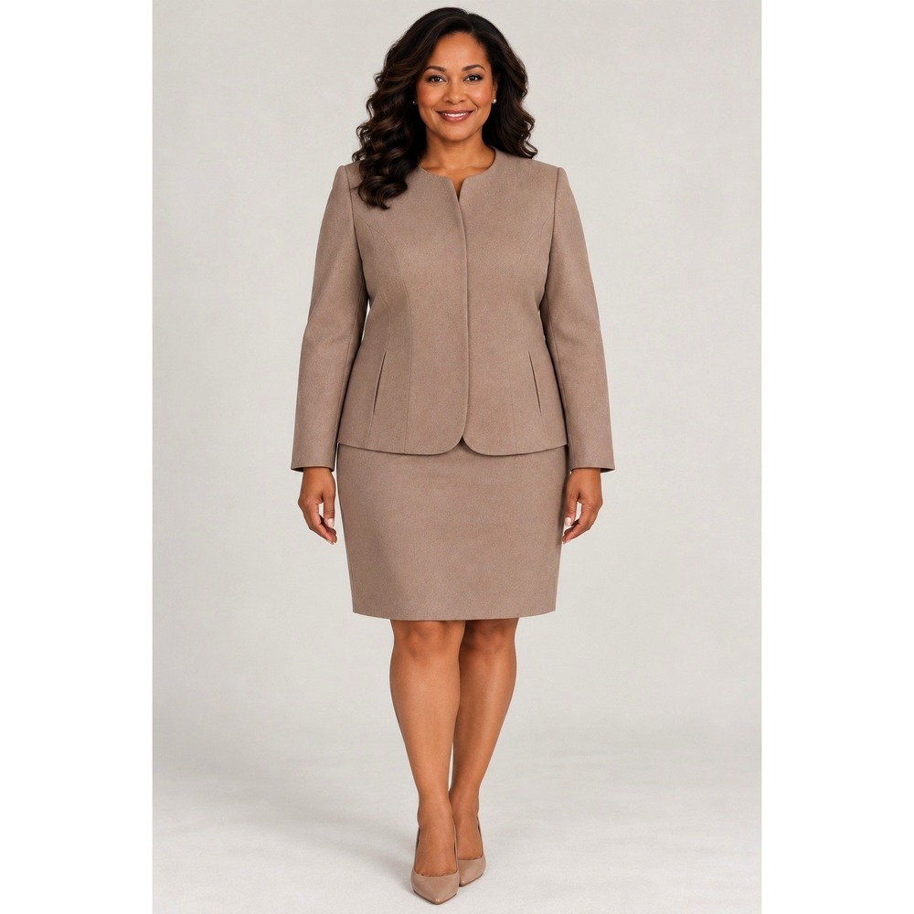 Vintage Evan-Picone Skirt Suit Womens 12 Tan Collarless Jacket A-Line Minimalist